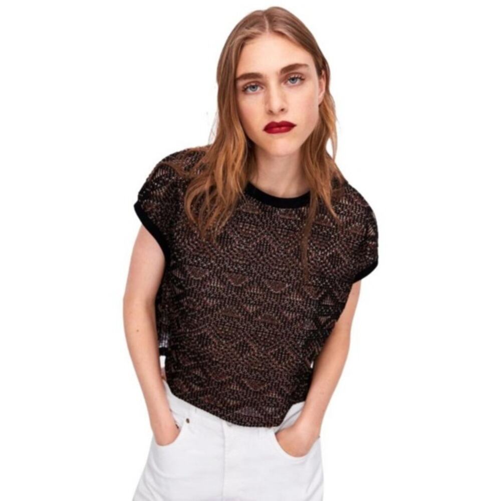 ZARA Metallic‎ Mesh Sleeveless Crop Shirt Size S Black Oversized